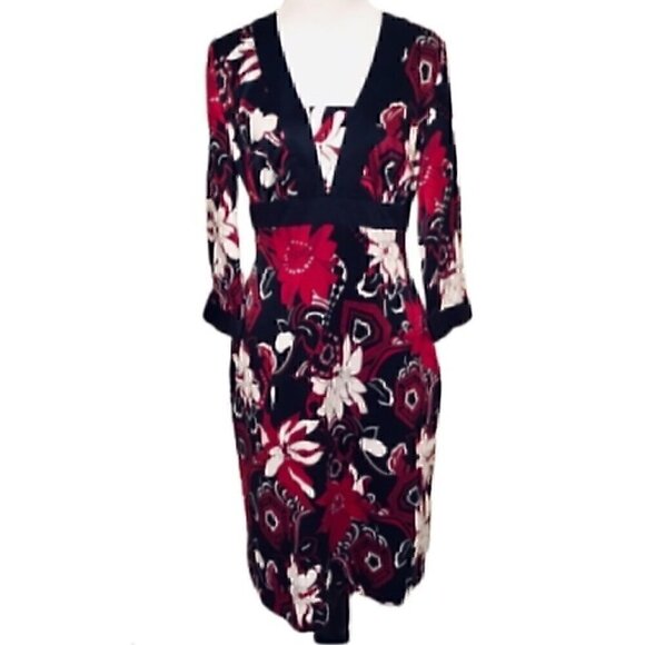 ANN TAYLOR Black Red White Multi Floral 3/4 Sleeve Knee Length Work Shift Dress - Picture 1 of 13